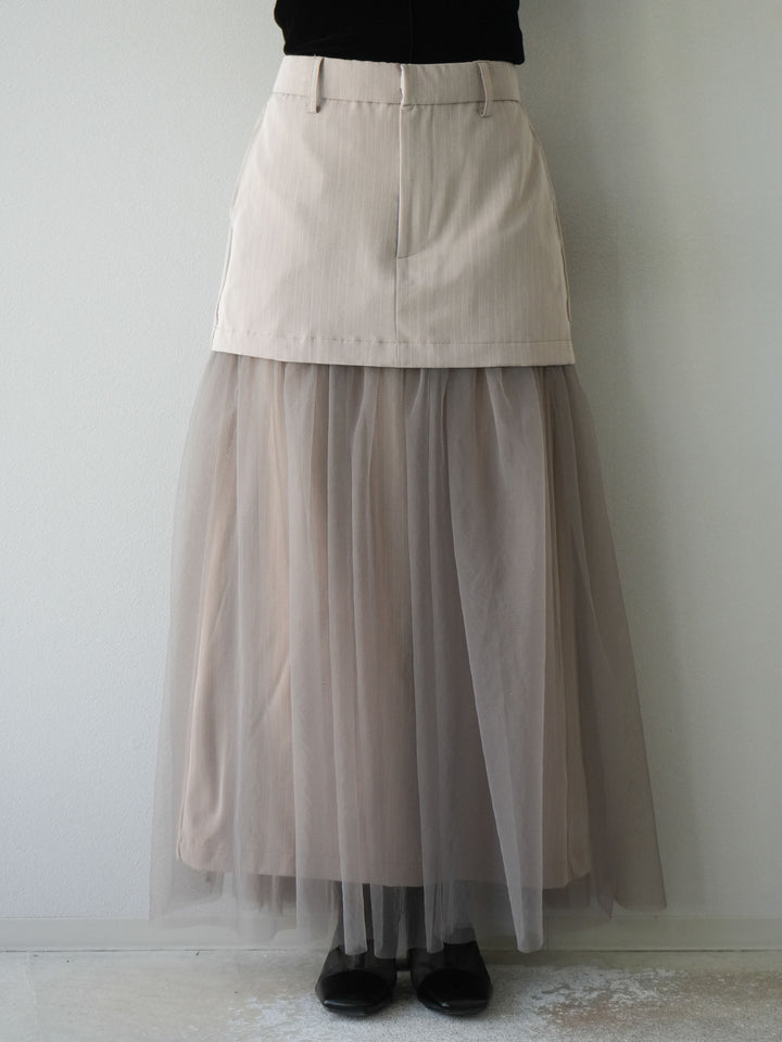 [予約]ストライプ切替チュールスカート/ベージュ