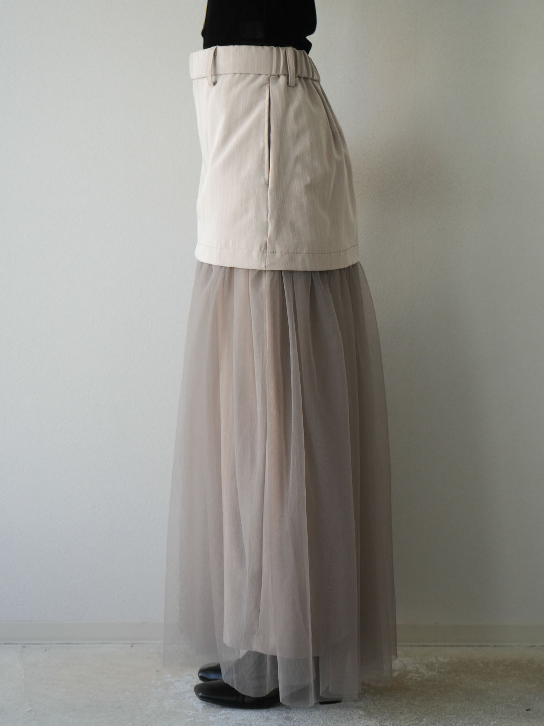 [予約]ストライプ切替チュールスカート/ベージュ