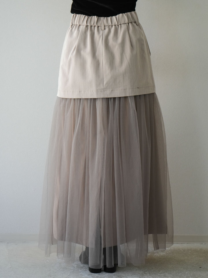 [予約]ストライプ切替チュールスカート/ベージュ