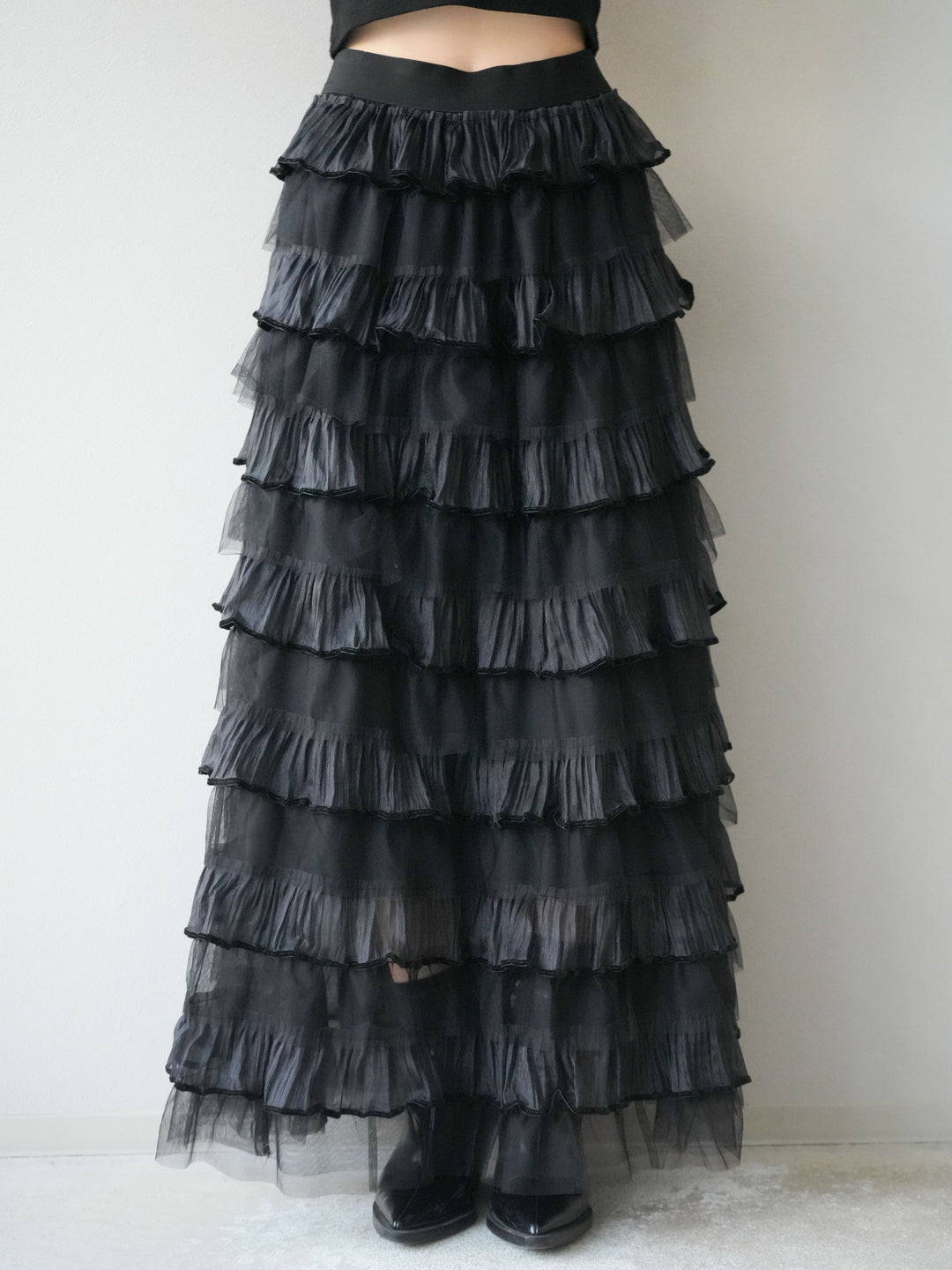 [予約]ベロアパイピングチュールティアードスカート/ブラック