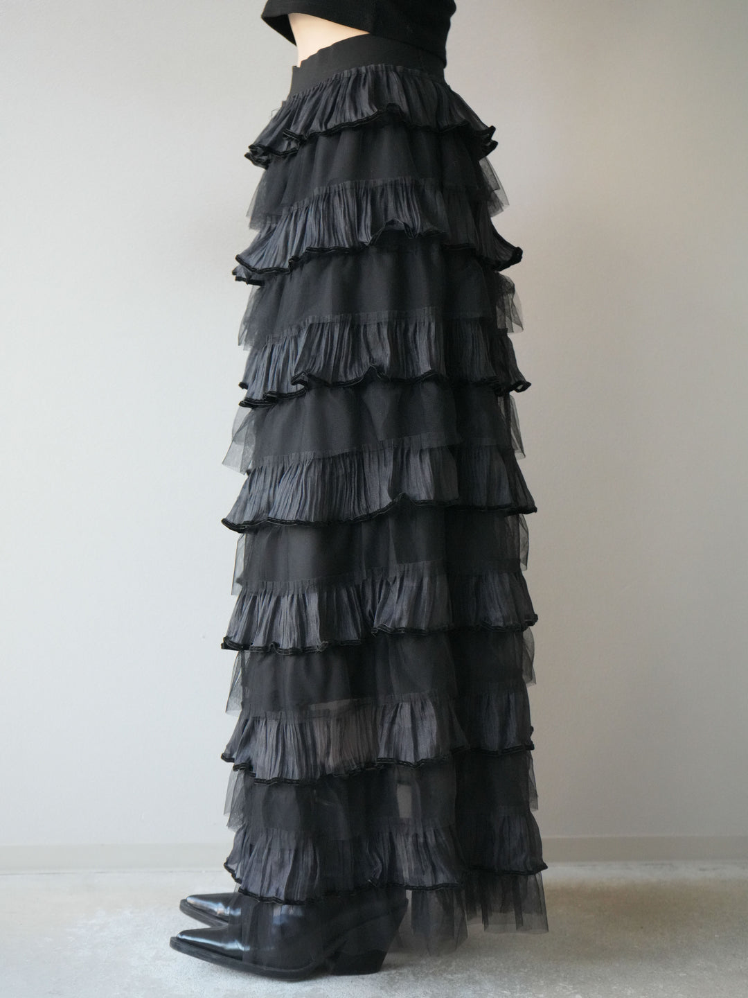 [予約]ベロアパイピングチュールティアードスカート/ブラック