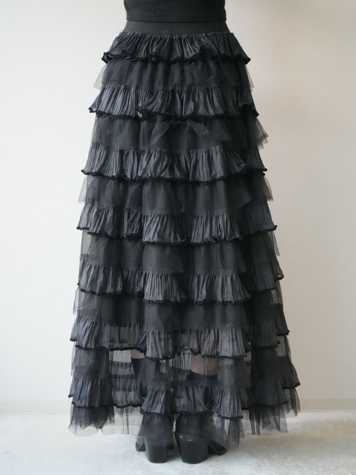 [予約]ベロアパイピングチュールティアードスカート/ブラック