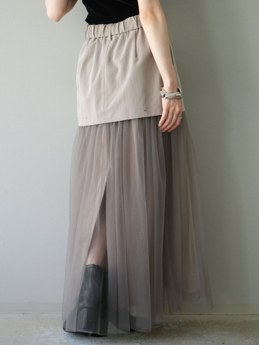 [予約]ストライプ切替チュールスカート/ベージュ