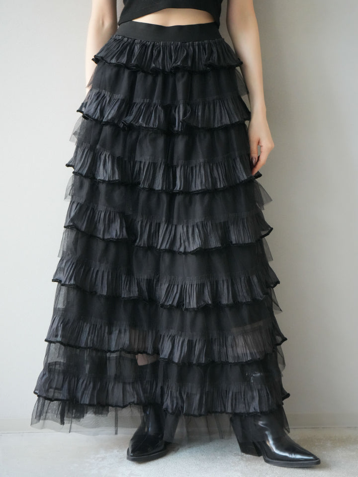[予約]ベロアパイピングチュールティアードスカート/ブラック