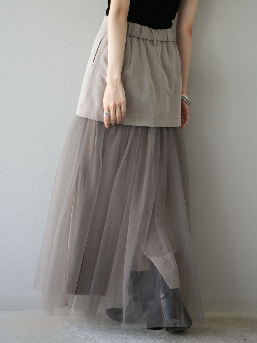 [予約]ストライプ切替チュールスカート/ベージュ
