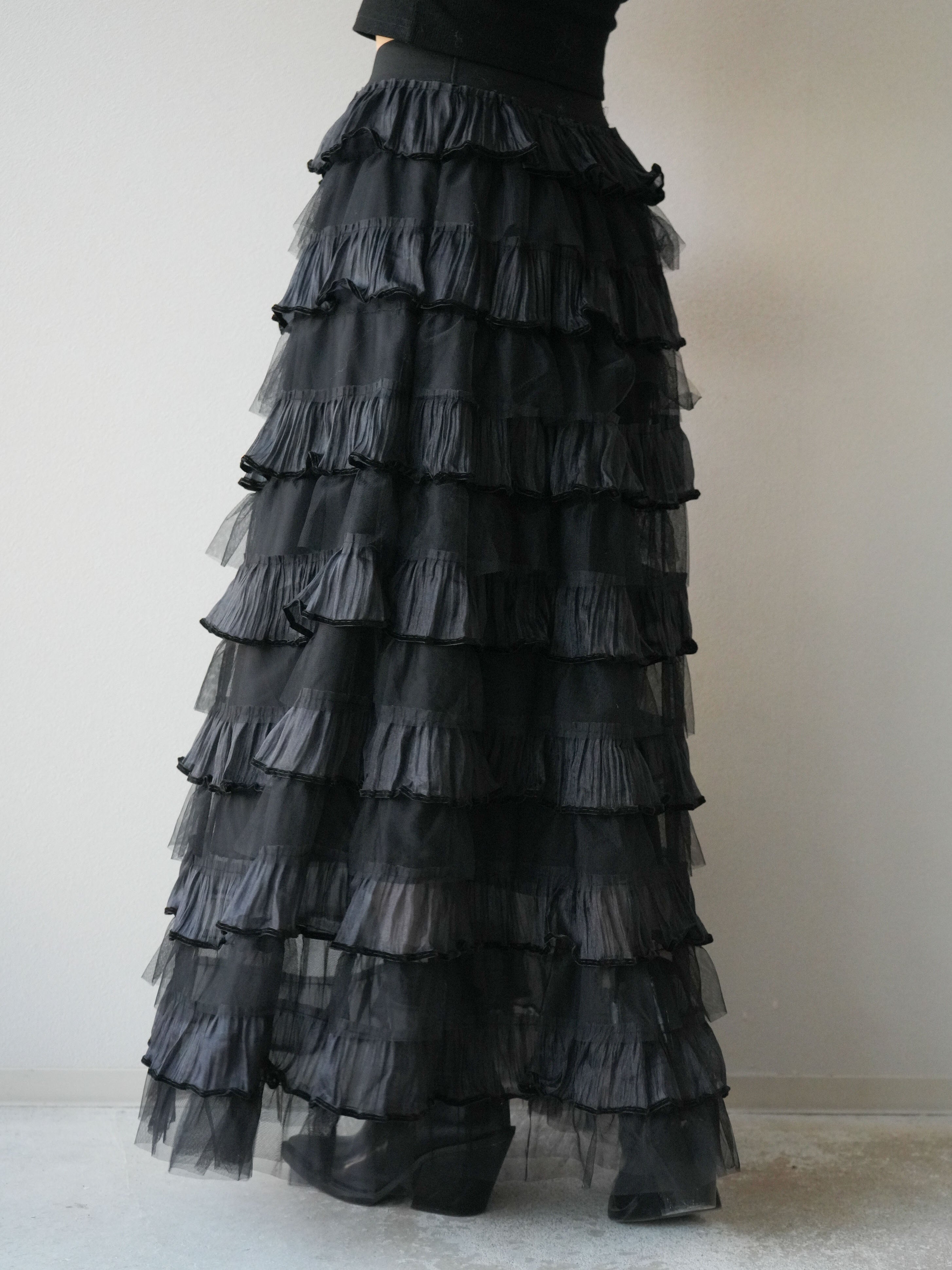 PUTOMAYO ティアード　ベロア　スカート　黒 予約]ベロアパイピングチュールティアードスカート/ブラック – Lumier