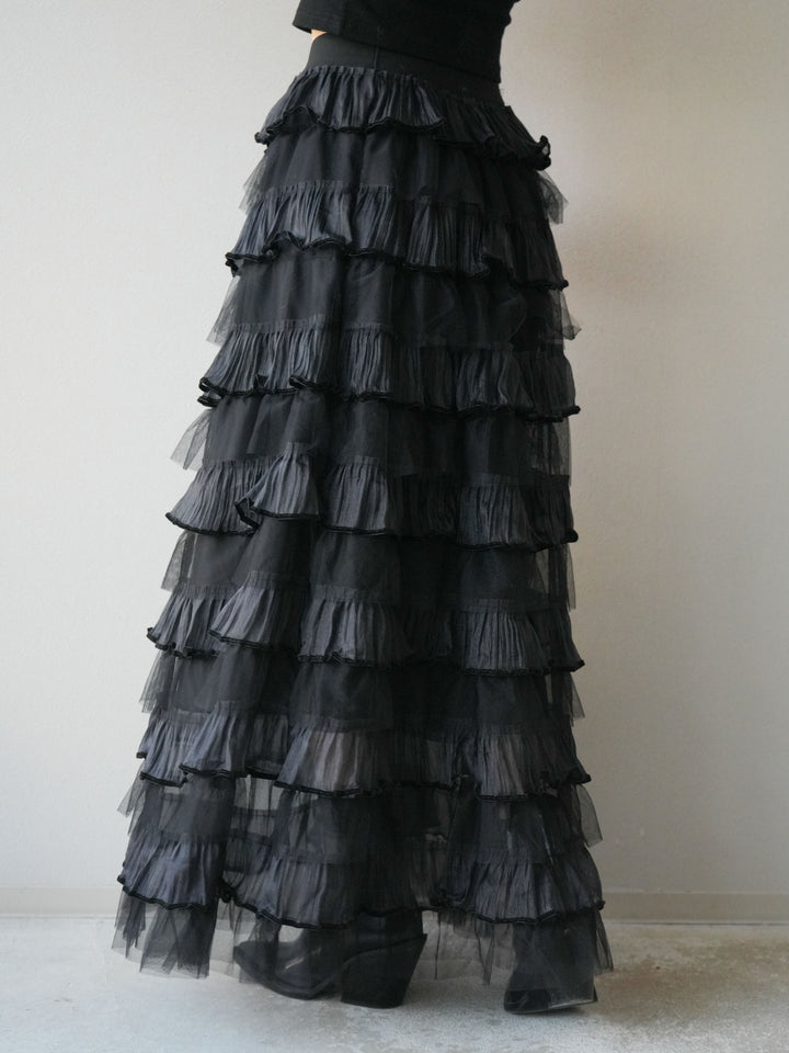 [予約]ベロアパイピングチュールティアードスカート/ブラック