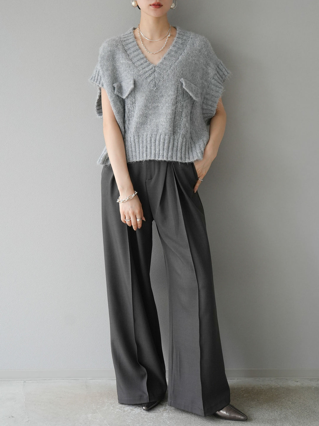 [予約]ポケットデザインニットベスト/グレー