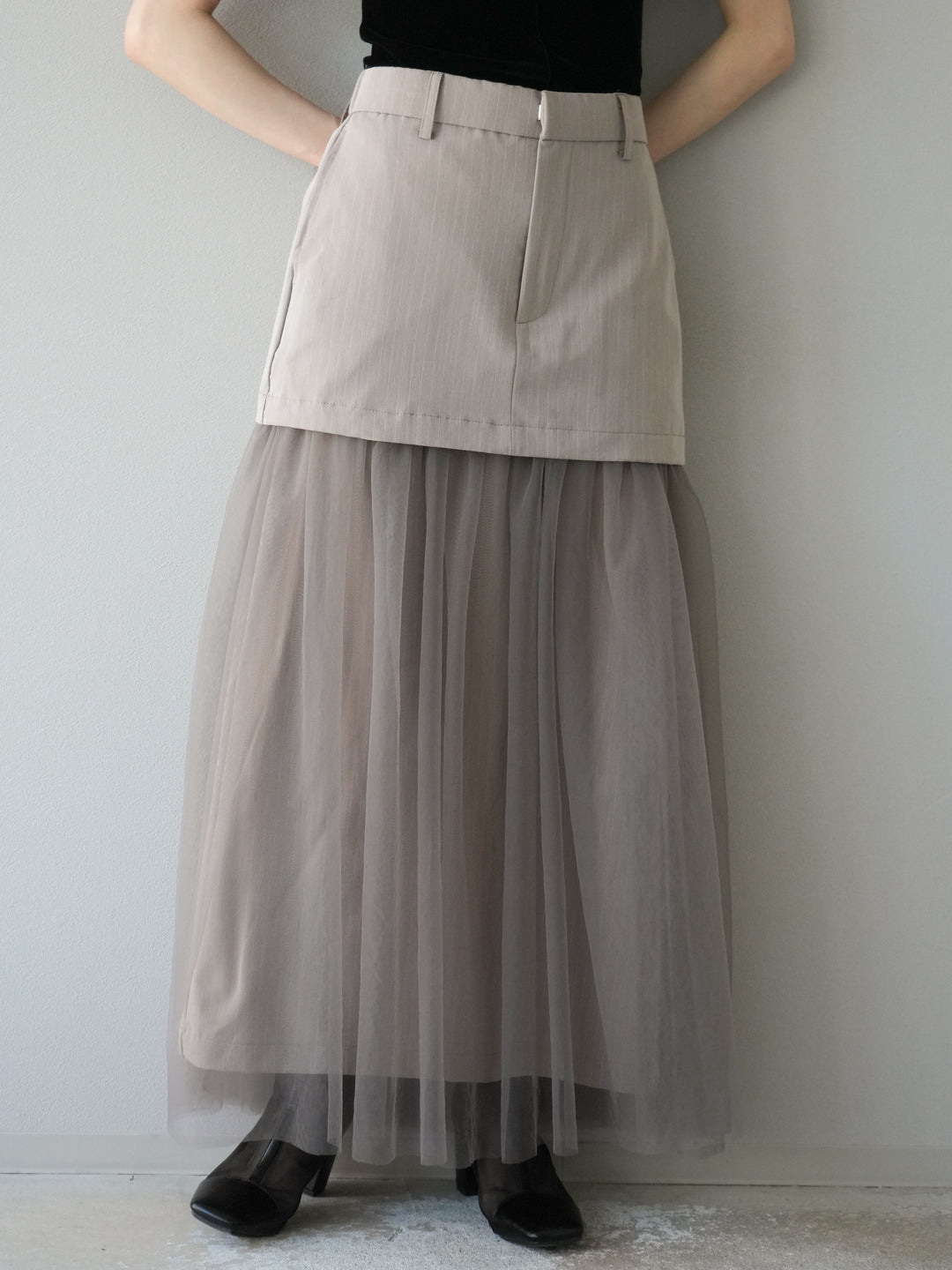 [予約]ストライプ切替チュールスカート/ベージュ