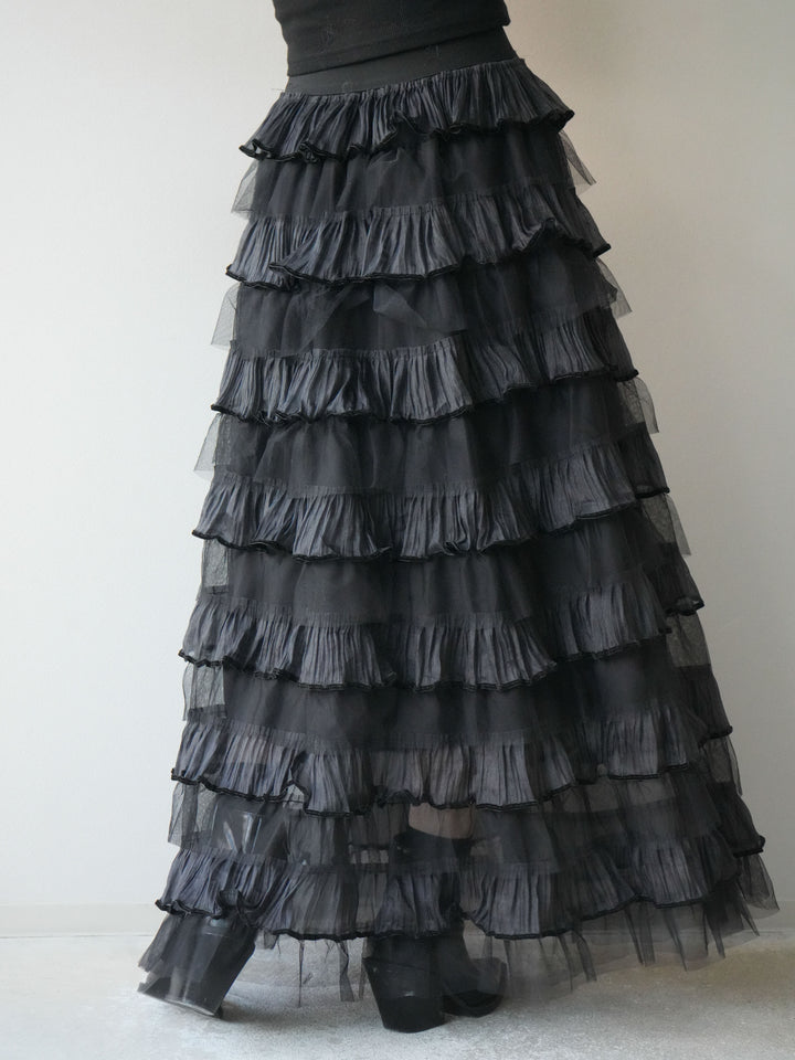 [予約]ベロアパイピングチュールティアードスカート/ブラック