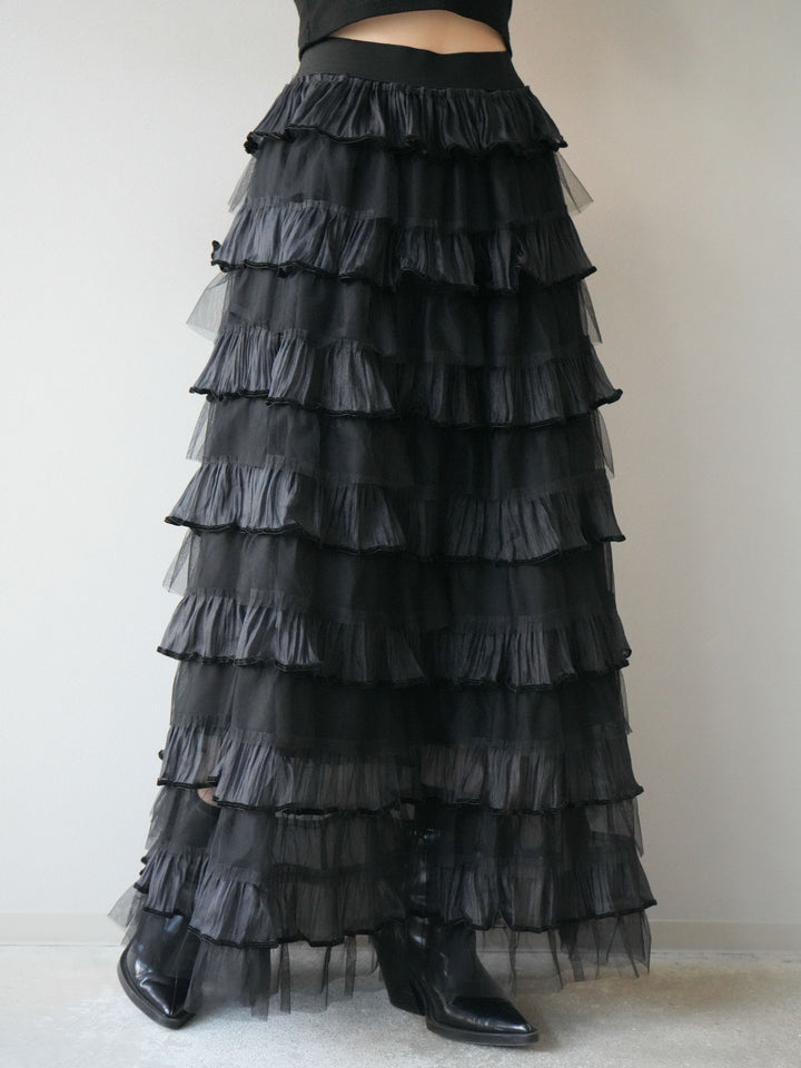 [予約]ベロアパイピングチュールティアードスカート/ブラック