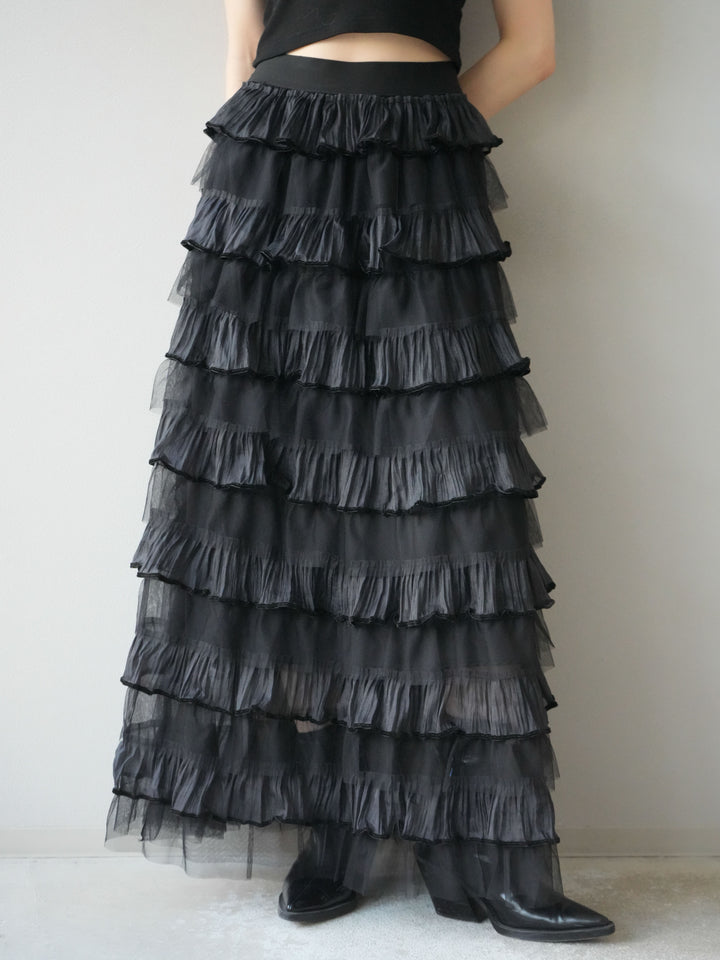 [予約]ベロアパイピングチュールティアードスカート/ブラック