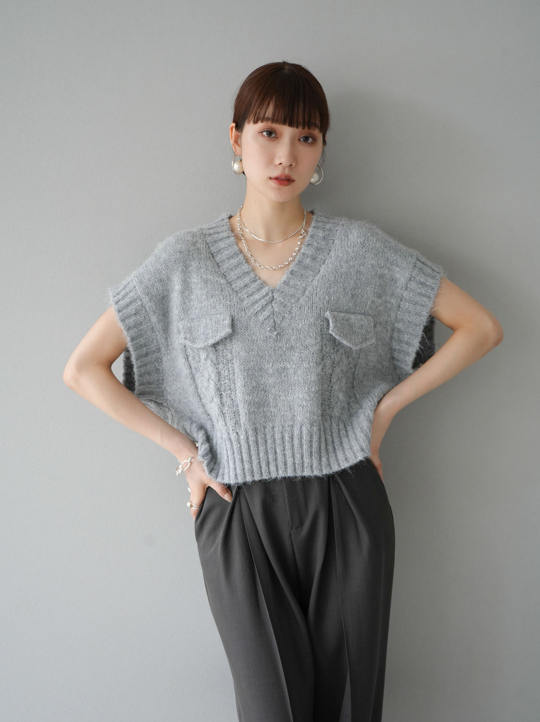 [予約]ポケットデザインニットベスト/グレー