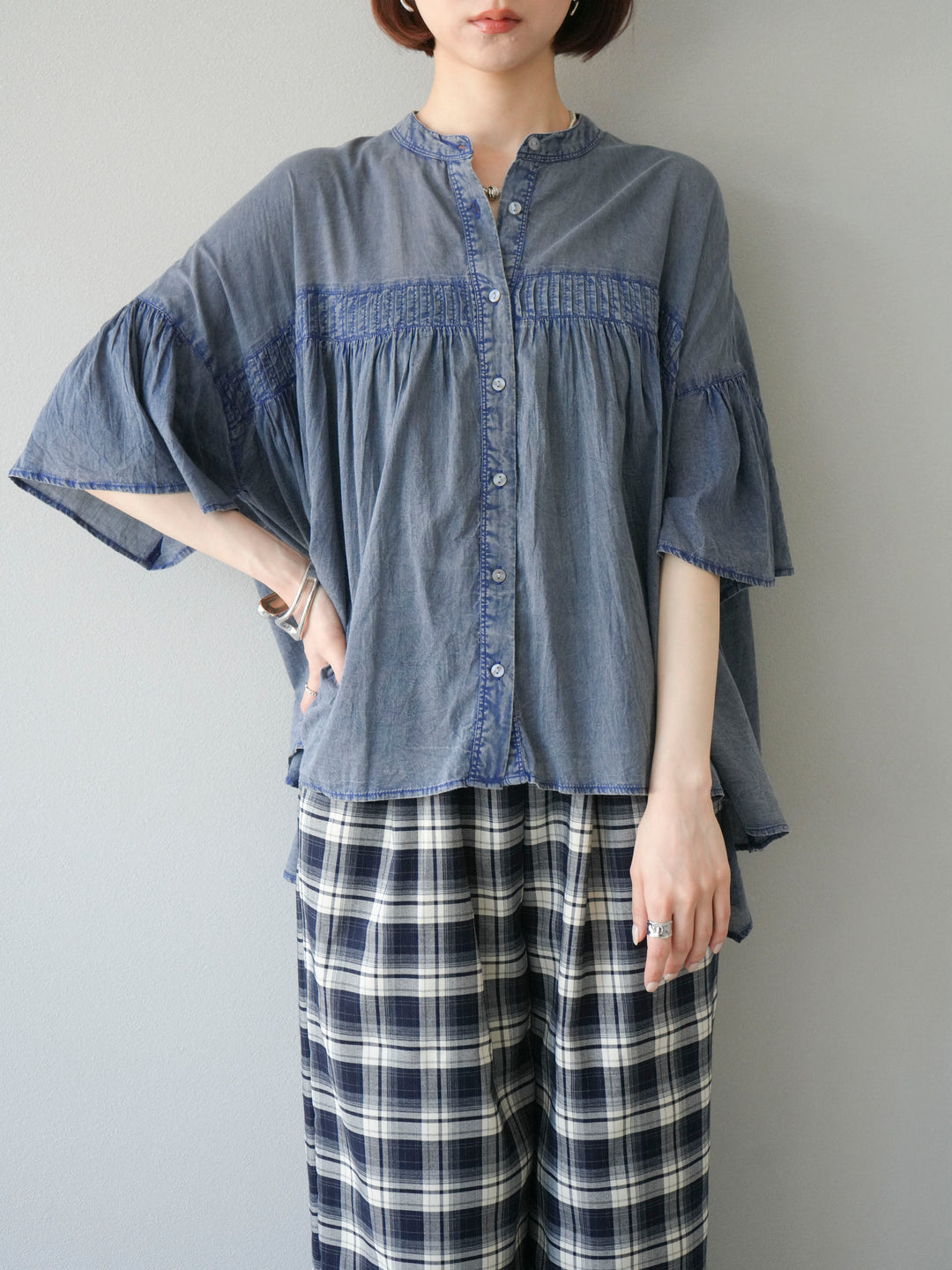 [予約]インド製コットンボイルシアービンテージデニムシャツ/ブルー