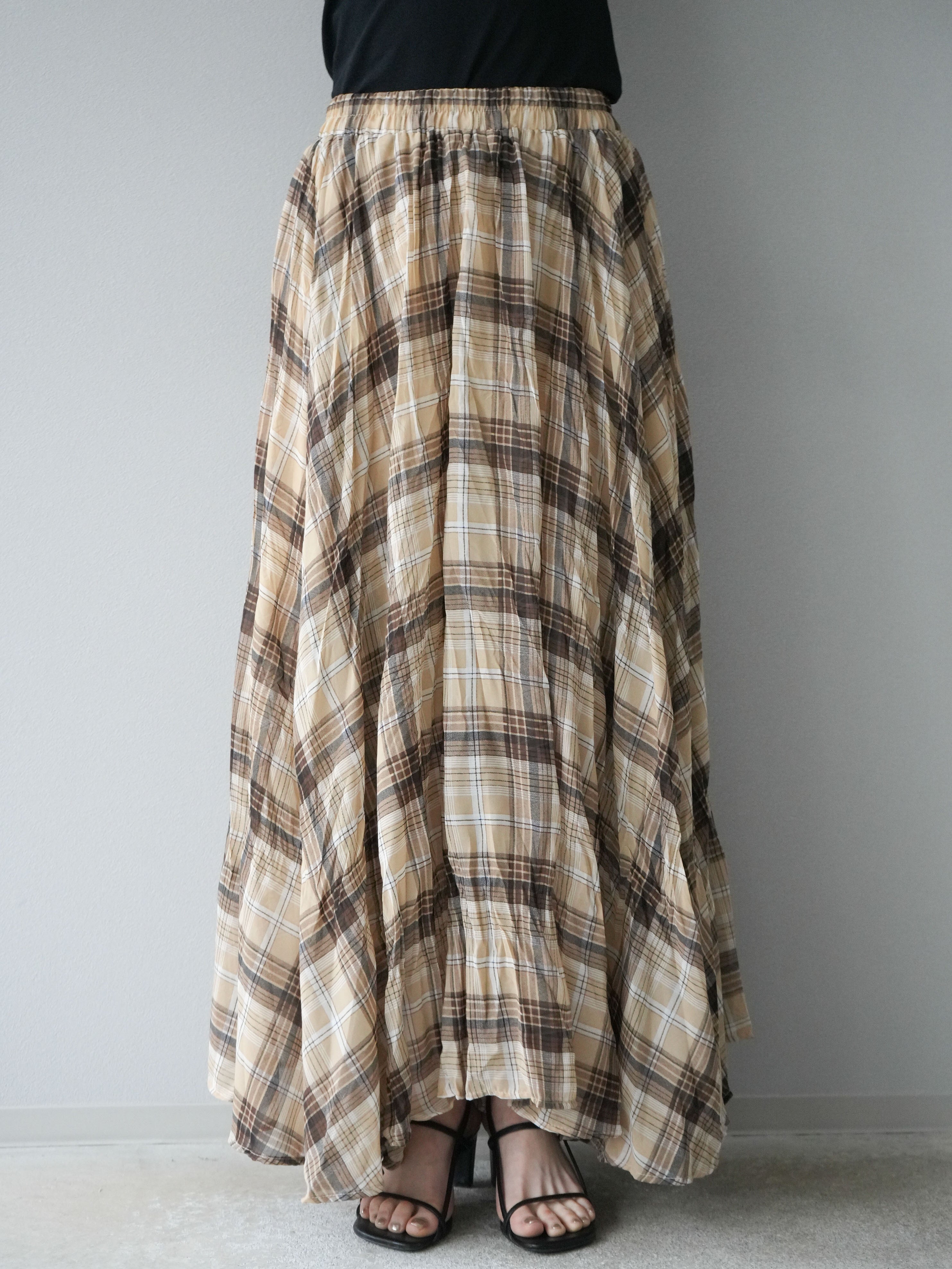 予約]シアーチェックアシンメトリーワッシャースカート/ベージュ – Lumier