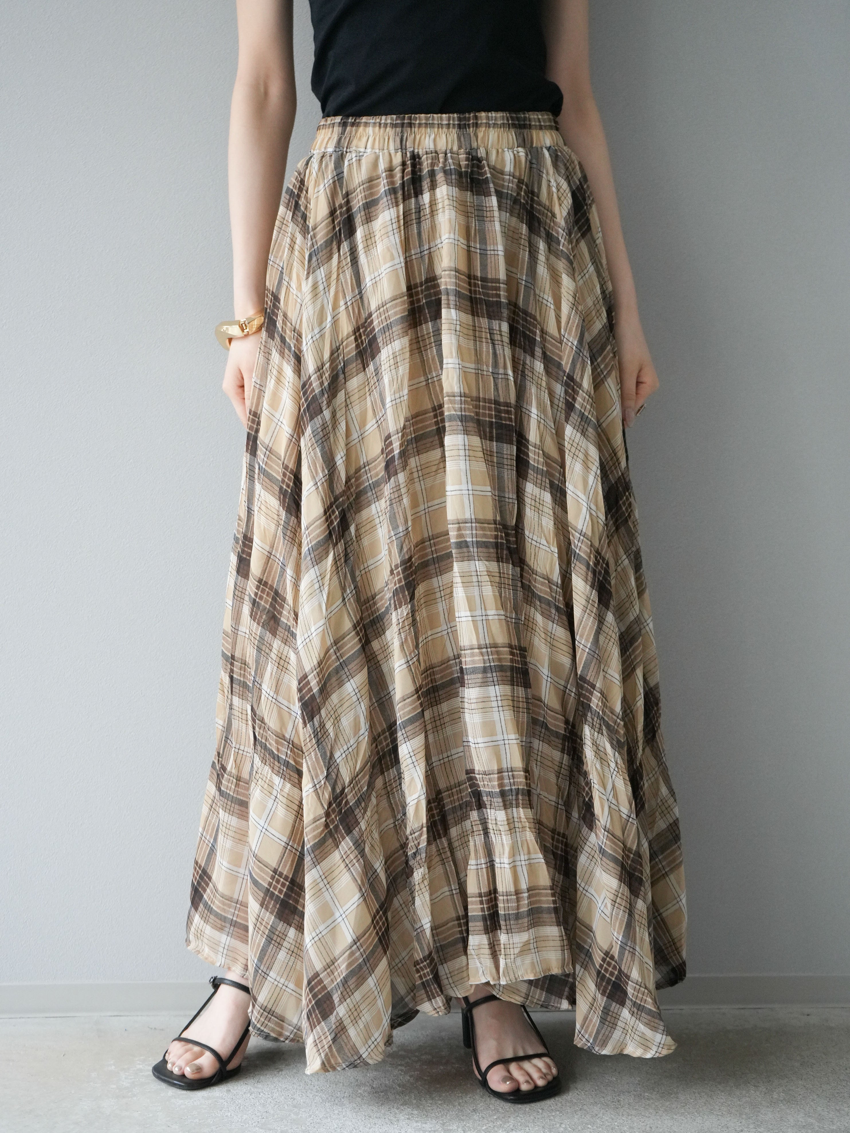 予約]シアーチェックアシンメトリーワッシャースカート/ベージュ – Lumier