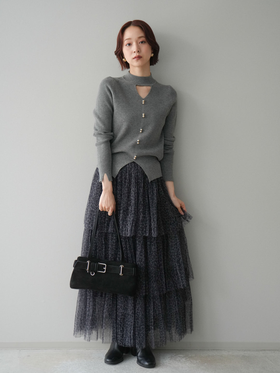 [予約]レオパード柄チュールフリルスカート/gray