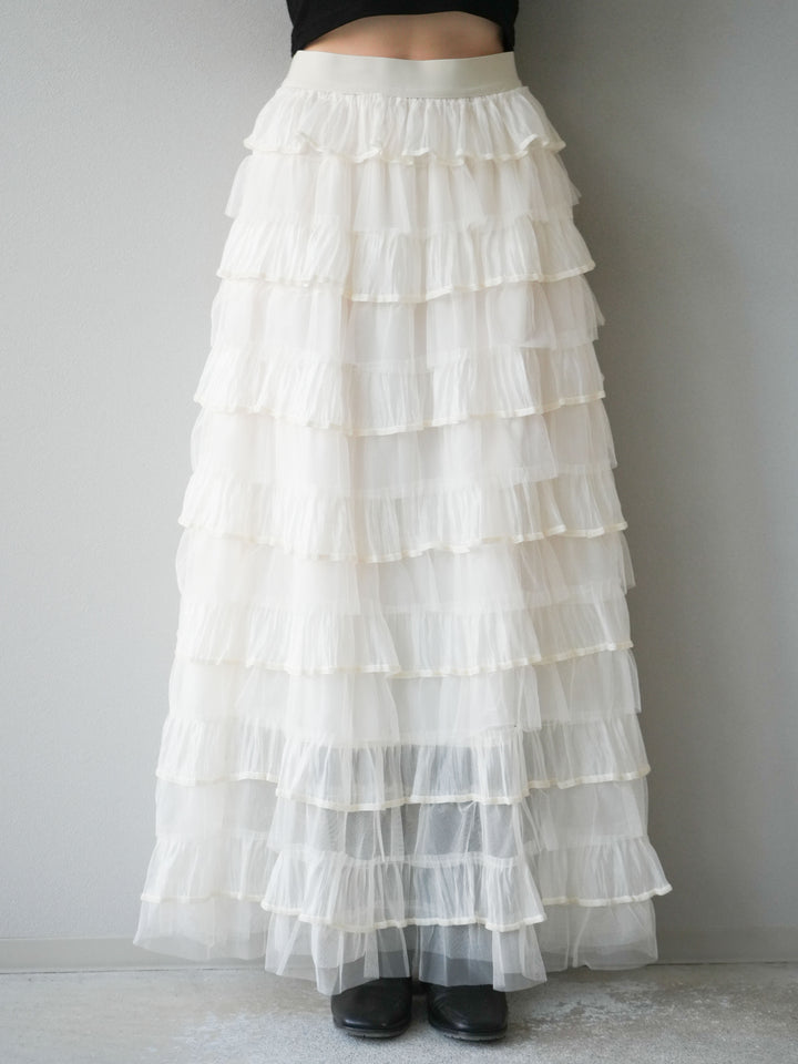 [予約]ベロアパイピングチュールティアードスカート/アイボリー