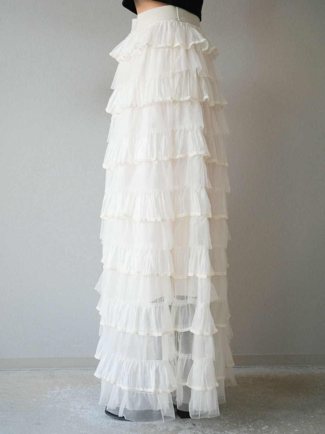 [予約]ベロアパイピングチュールティアードスカート/アイボリー