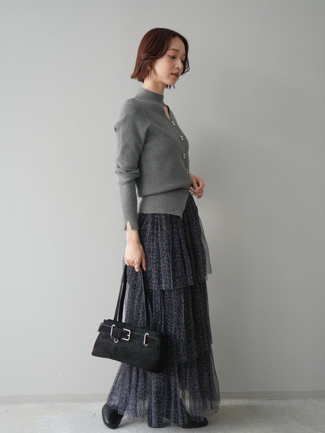 [予約]レオパード柄チュールフリルスカート/gray