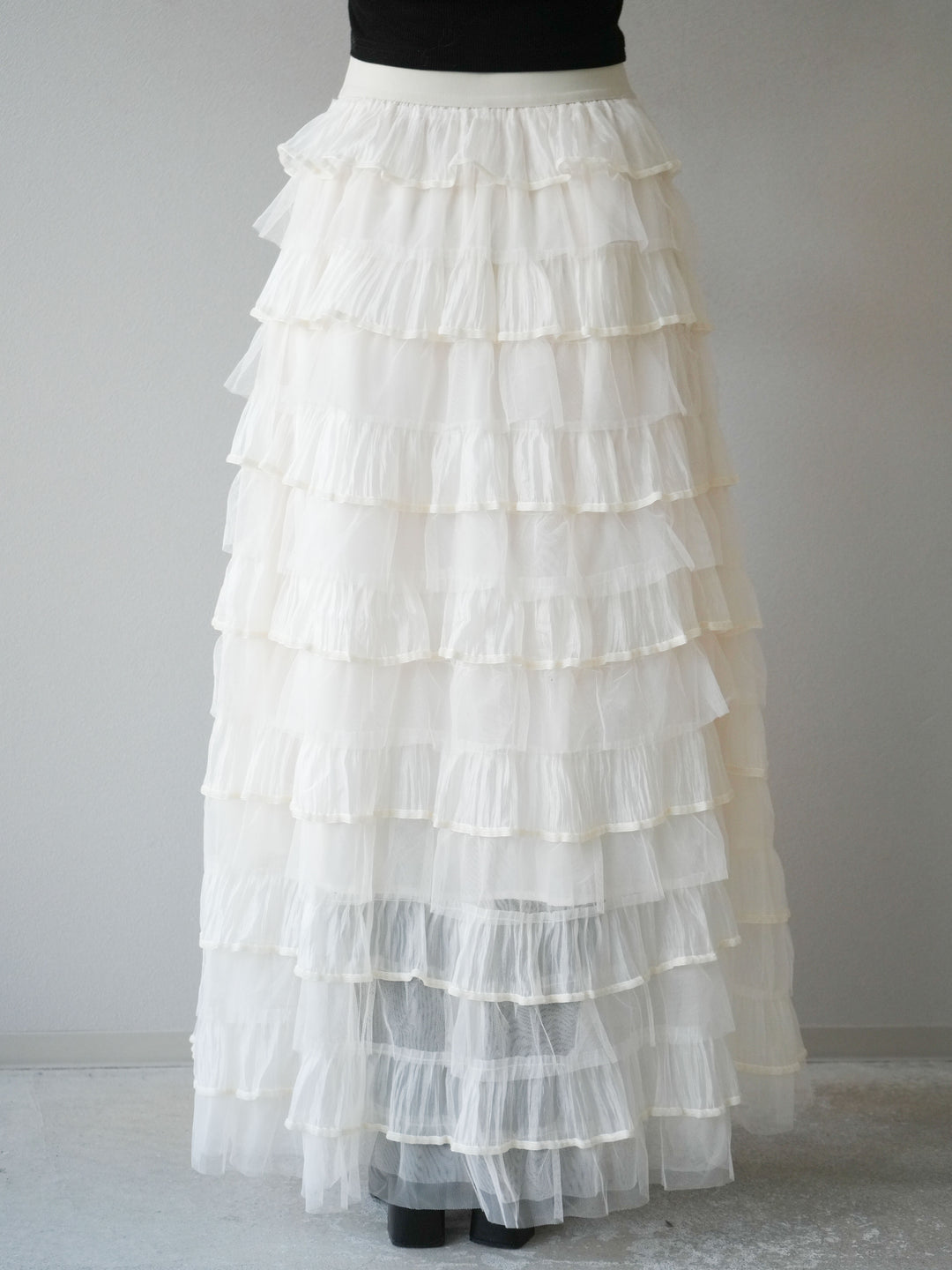 [予約]ベロアパイピングチュールティアードスカート/アイボリー