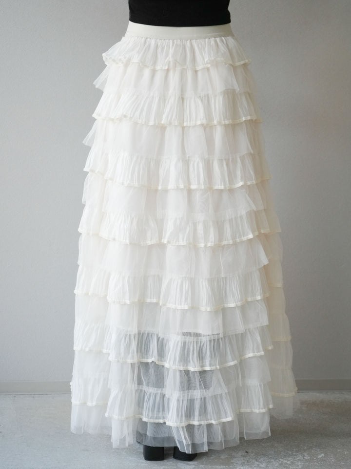 [予約]ベロアパイピングチュールティアードスカート/アイボリー