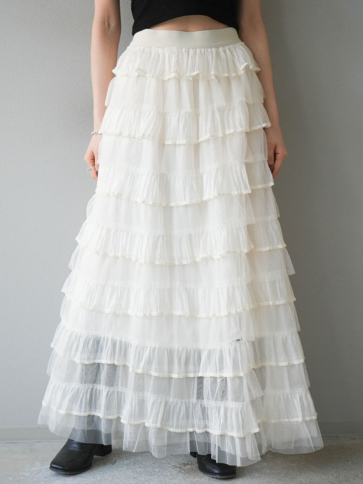 [予約]ベロアパイピングチュールティアードスカート/アイボリー
