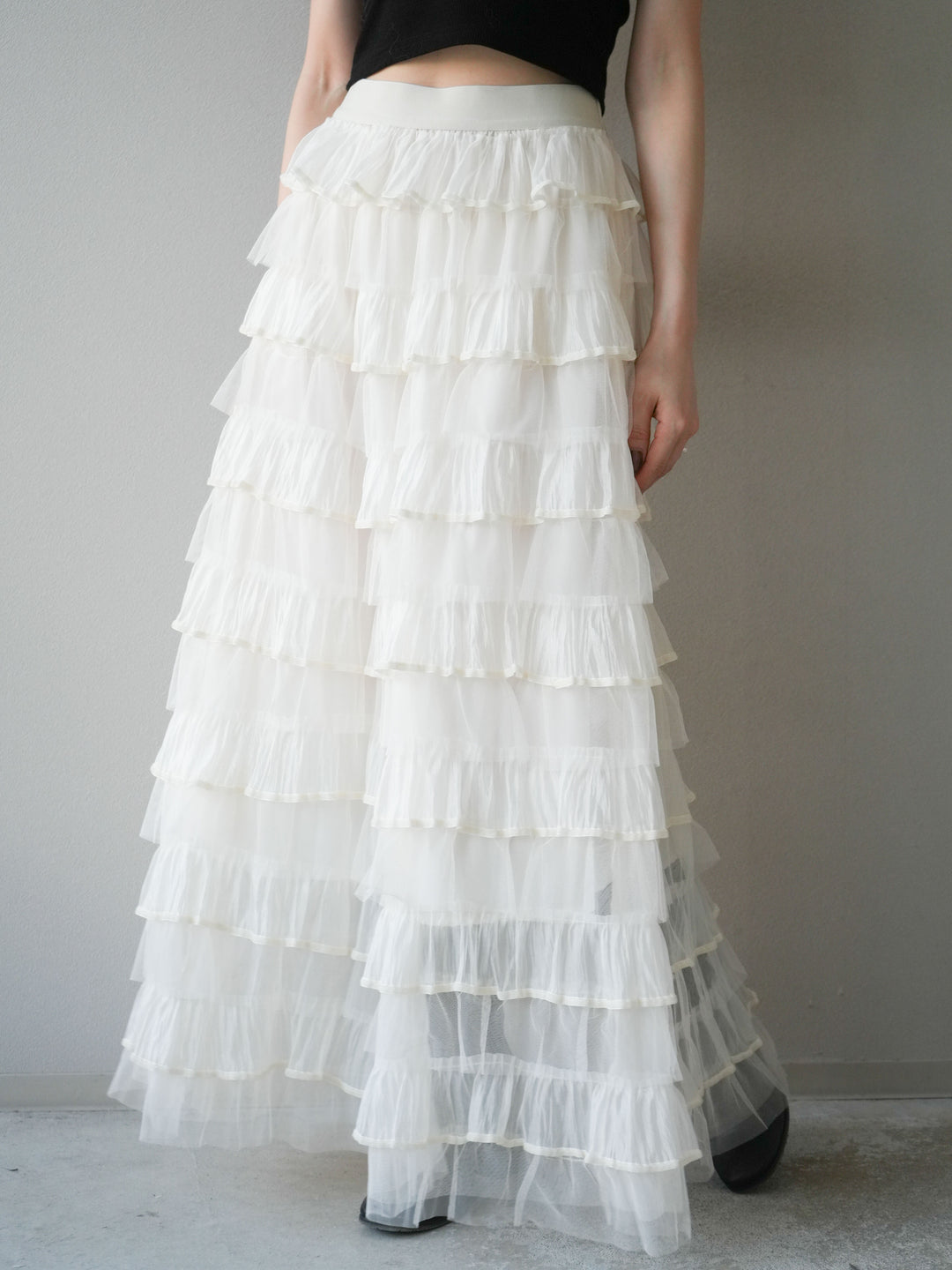 [予約]ベロアパイピングチュールティアードスカート/アイボリー