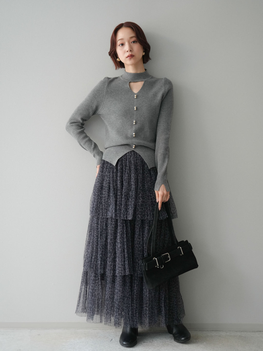 [予約]レオパード柄チュールフリルスカート/gray