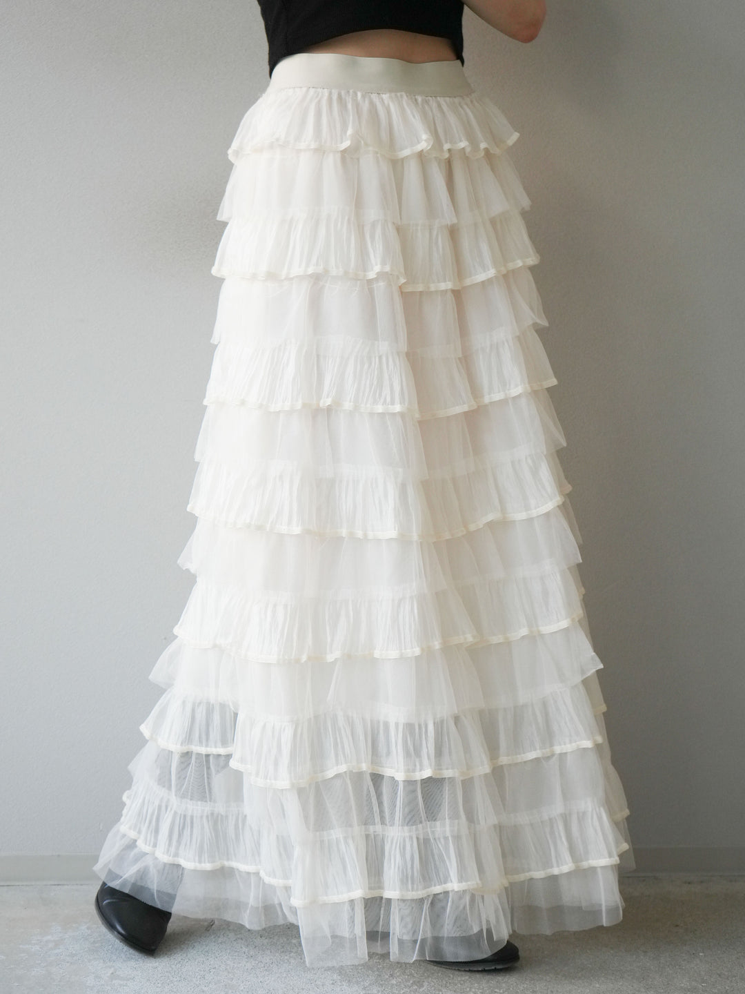 [予約]ベロアパイピングチュールティアードスカート/アイボリー