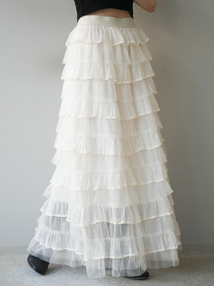 [予約]ベロアパイピングチュールティアードスカート/アイボリー