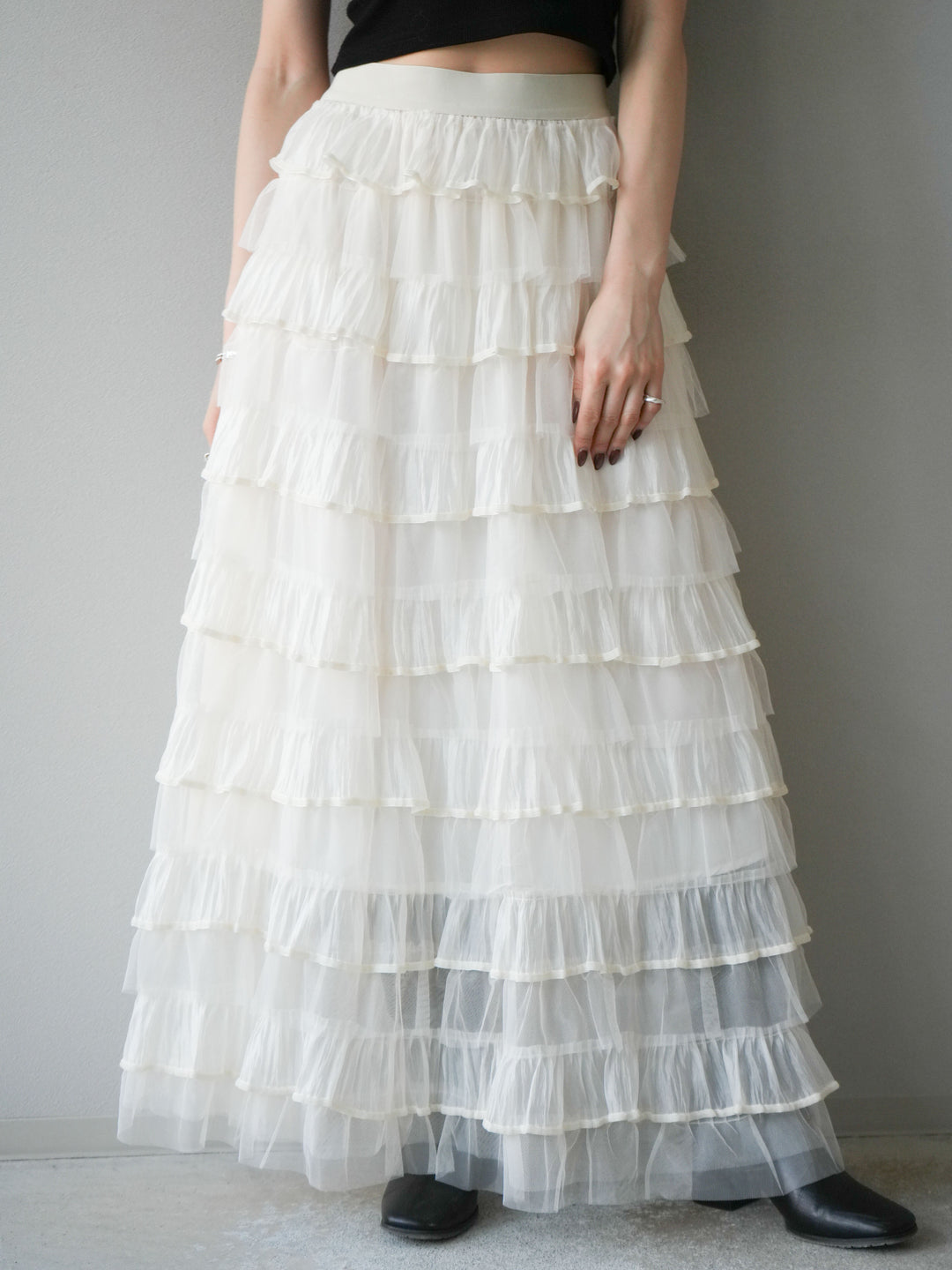 [予約]ベロアパイピングチュールティアードスカート/アイボリー