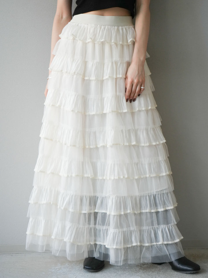 [予約]ベロアパイピングチュールティアードスカート/アイボリー