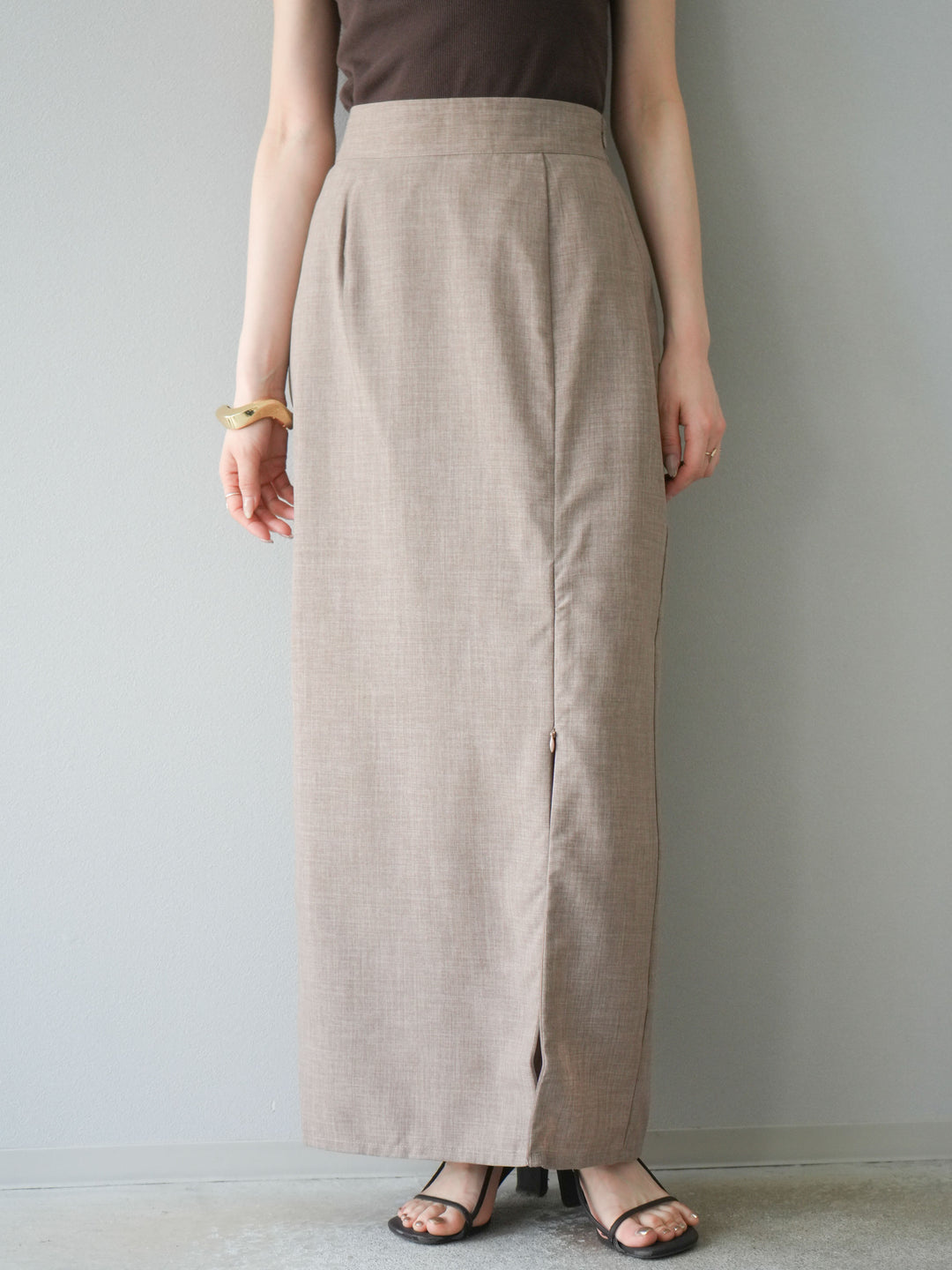 [予約]リネンライクZIPスリットタイトスカート/グレージュ