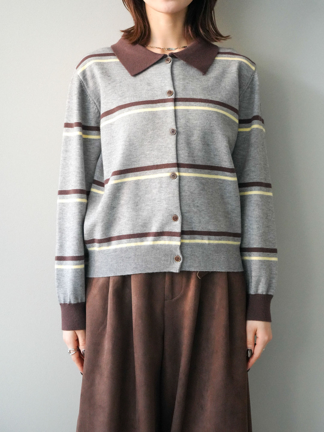 [予約]配色マルチボーダーポロニットカーディガン/gray