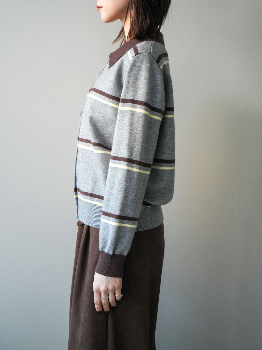 [予約]配色マルチボーダーポロニットカーディガン/gray