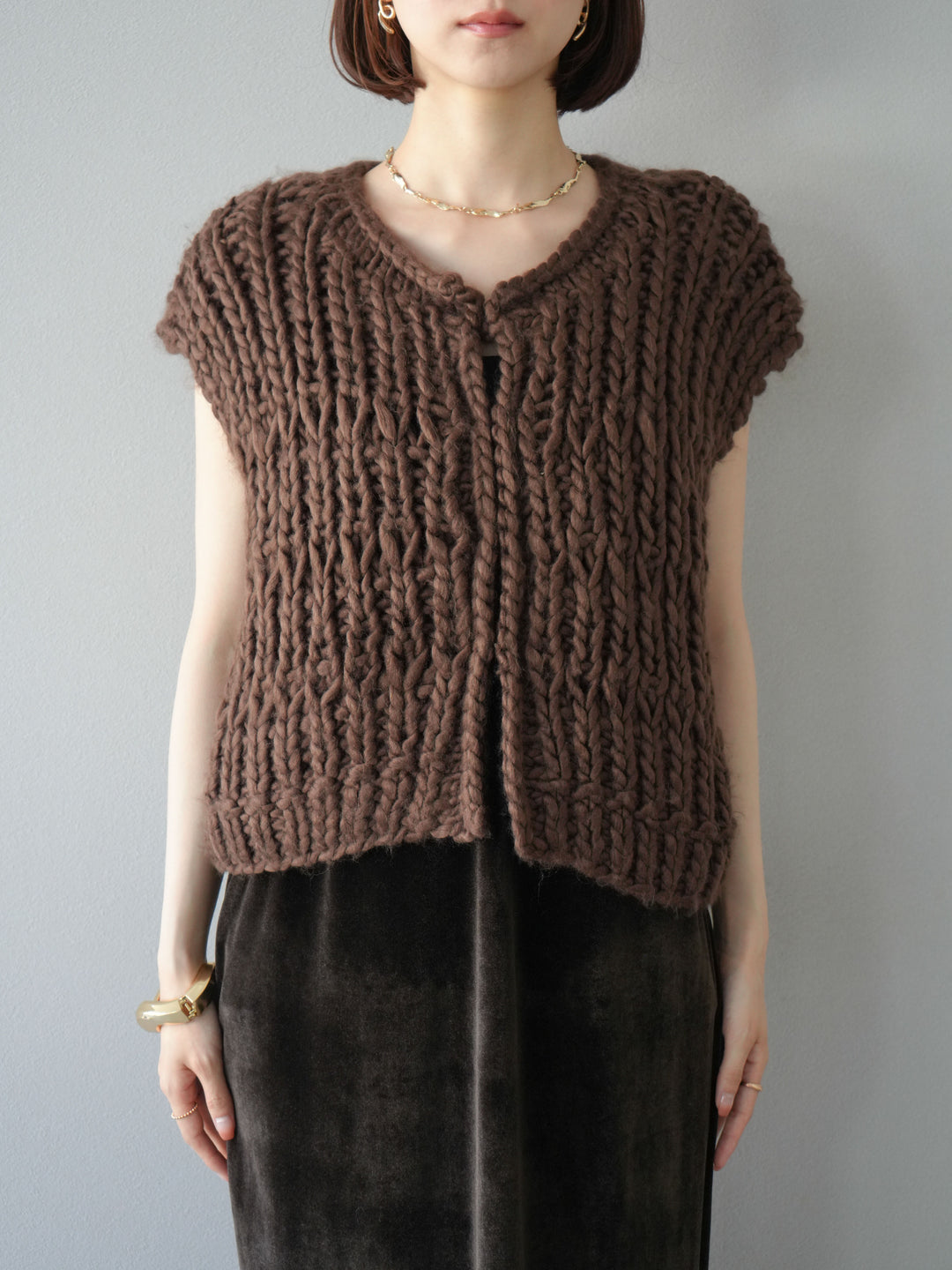 [予約]ハンドニットローピングベスト/ブラウン