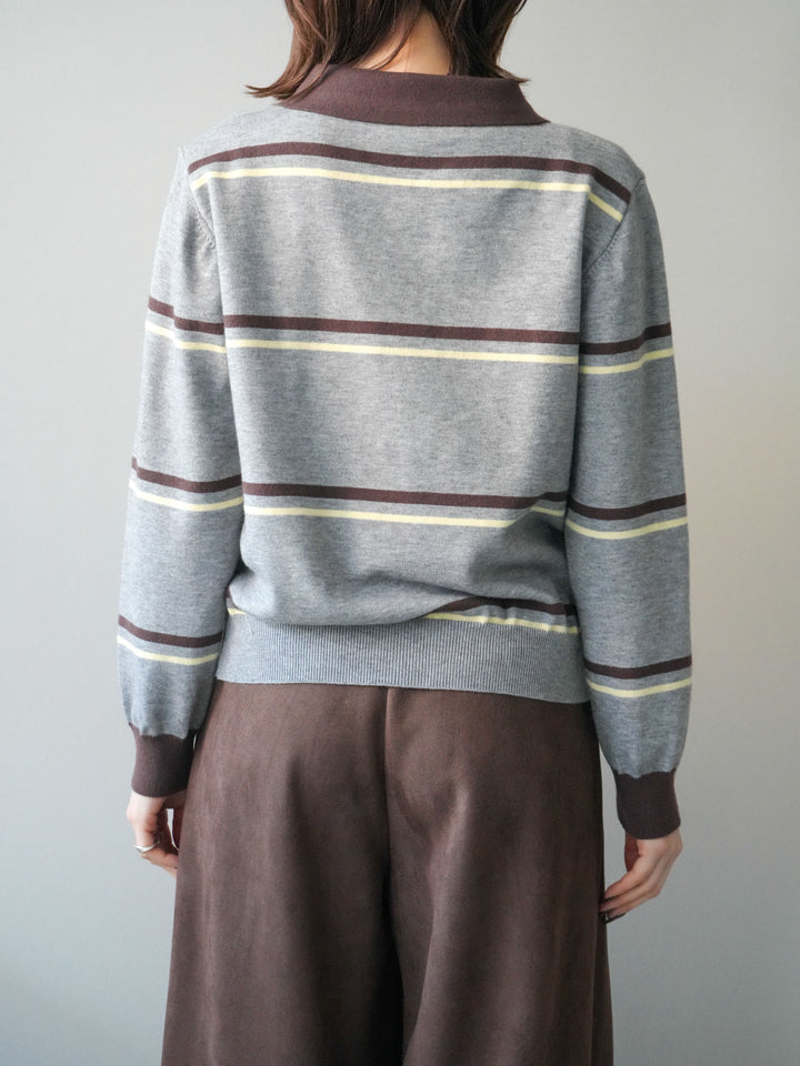 [予約]配色マルチボーダーポロニットカーディガン/gray