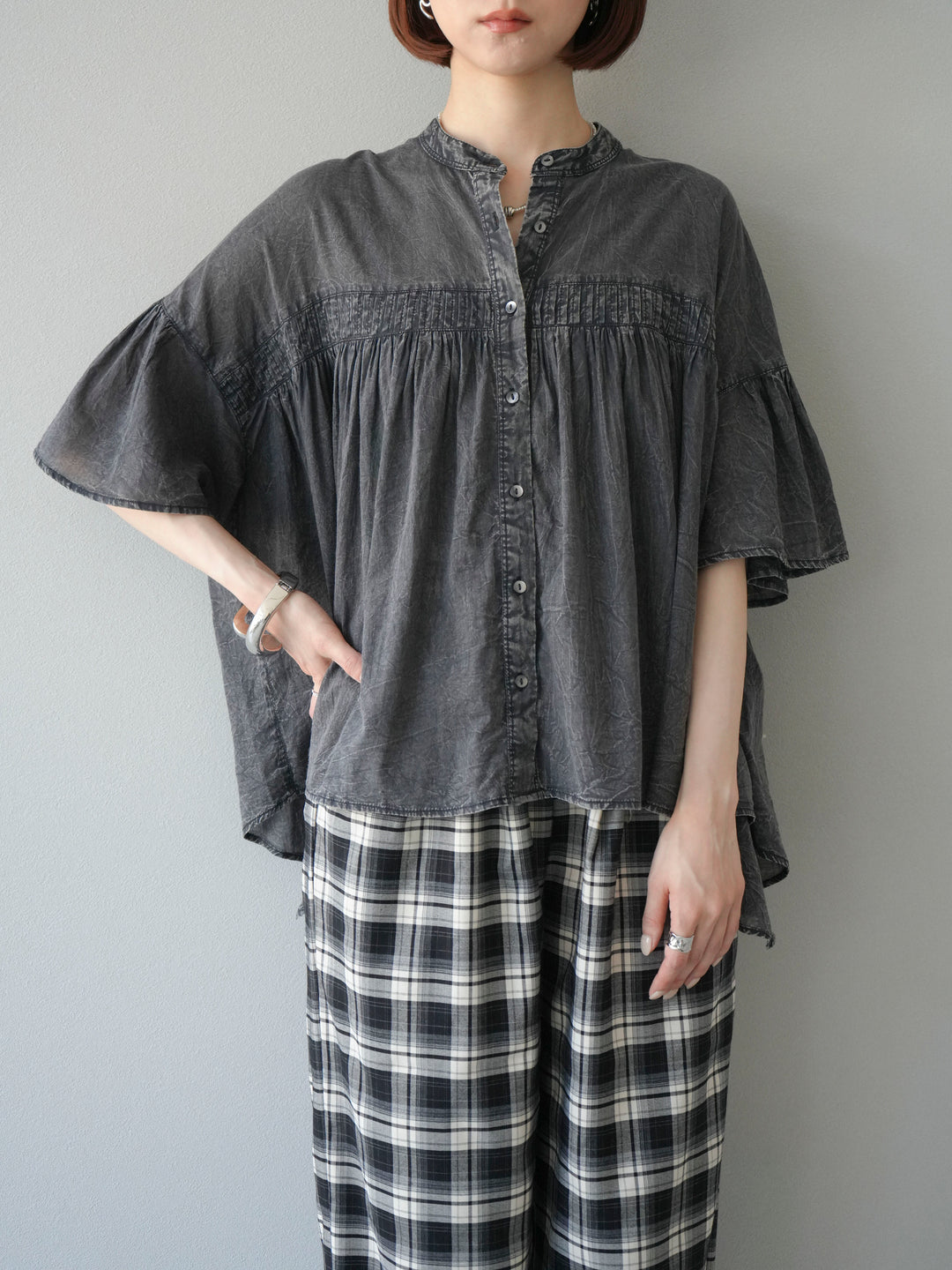 [予約]インド製コットンボイルシアービンテージデニムシャツ/ブラック
