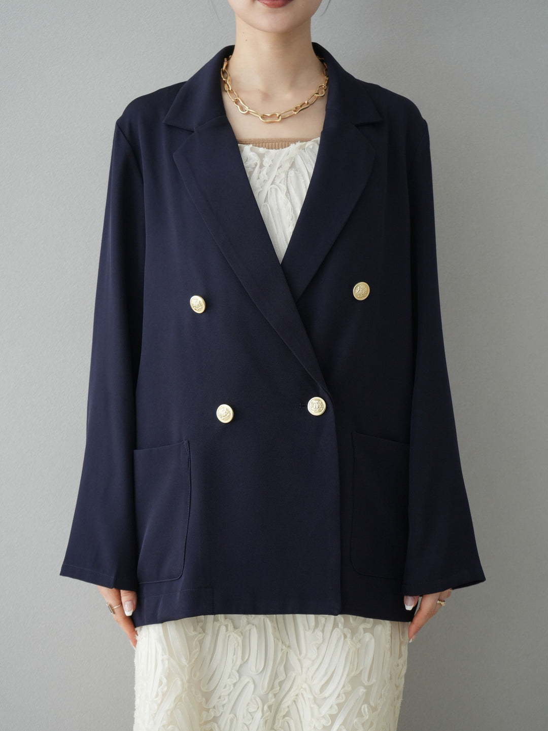[予約]ゴールドボタンダブルテーラードジャケット/ネイビー
