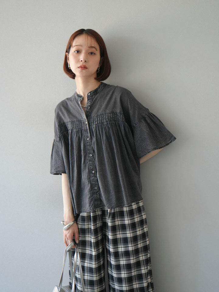 [予約]インド製コットンボイルシアービンテージデニムシャツ/ブラック