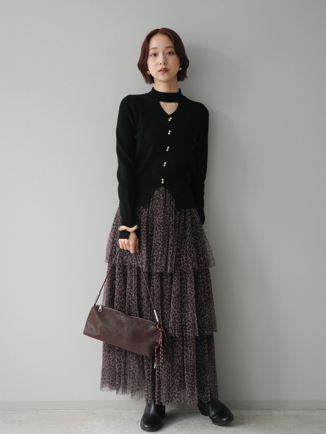 [予約]レオパード柄チュールフリルスカート/brown