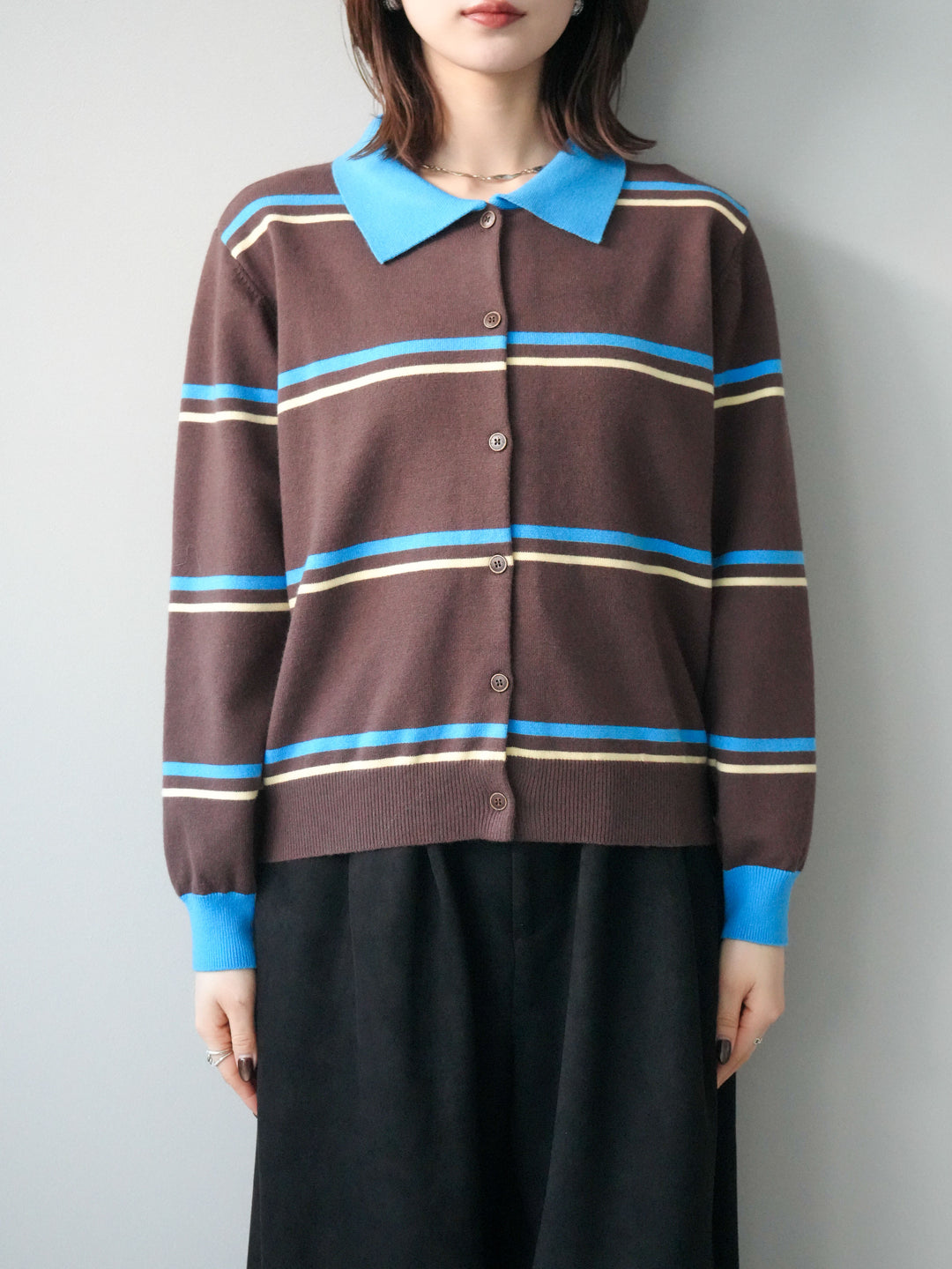 [予約]配色マルチボーダーポロニットカーディガン/brown