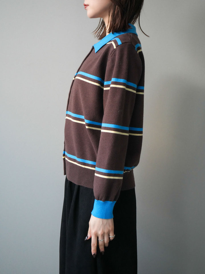[予約]配色マルチボーダーポロニットカーディガン/brown