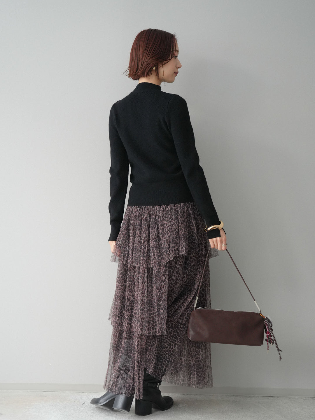 [予約]レオパード柄チュールフリルスカート/brown