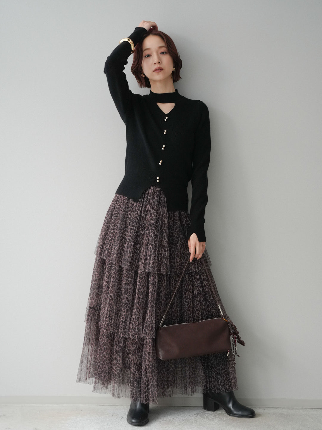 [予約]レオパード柄チュールフリルスカート/brown