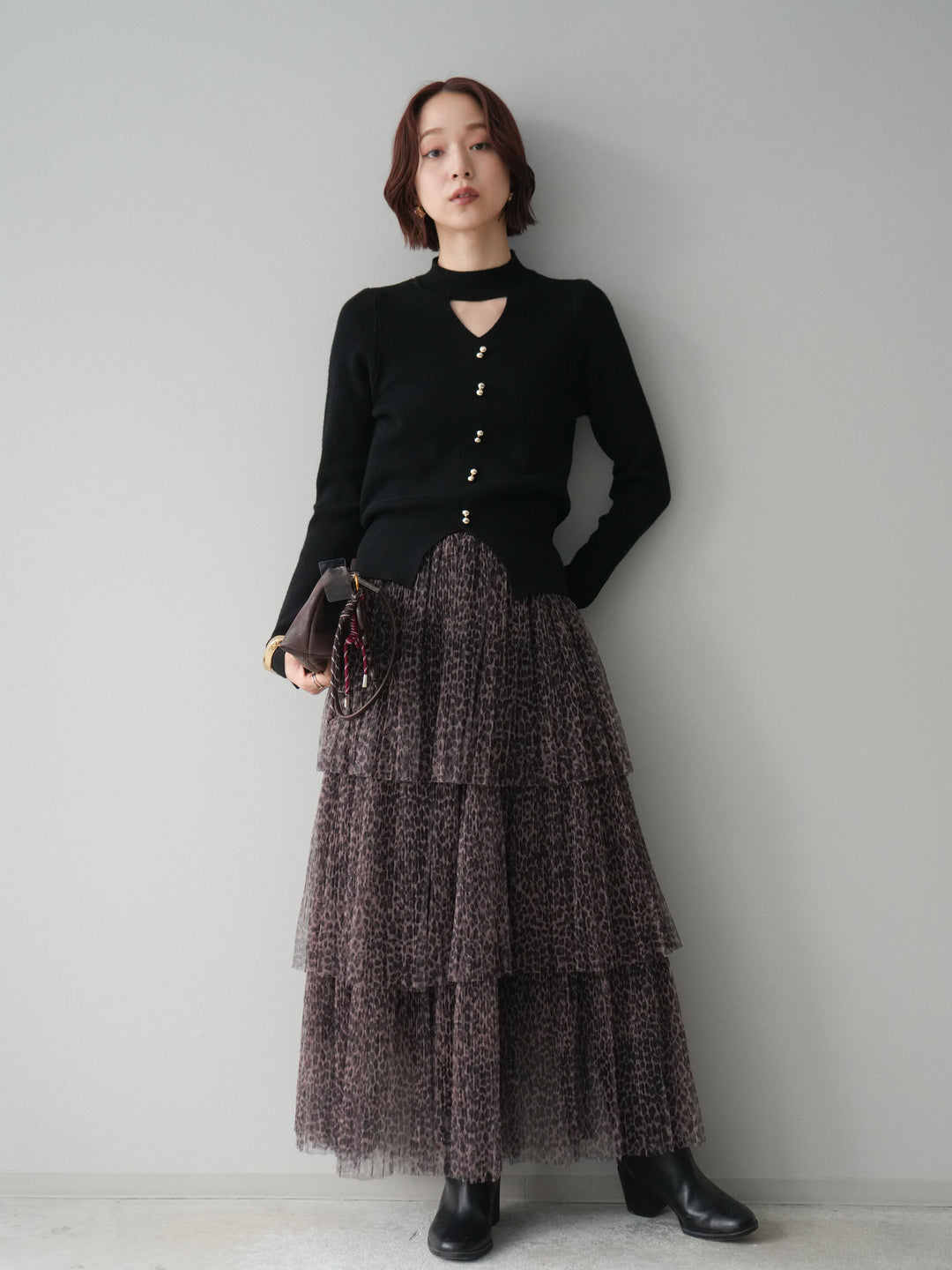 [予約]レオパード柄チュールフリルスカート/brown