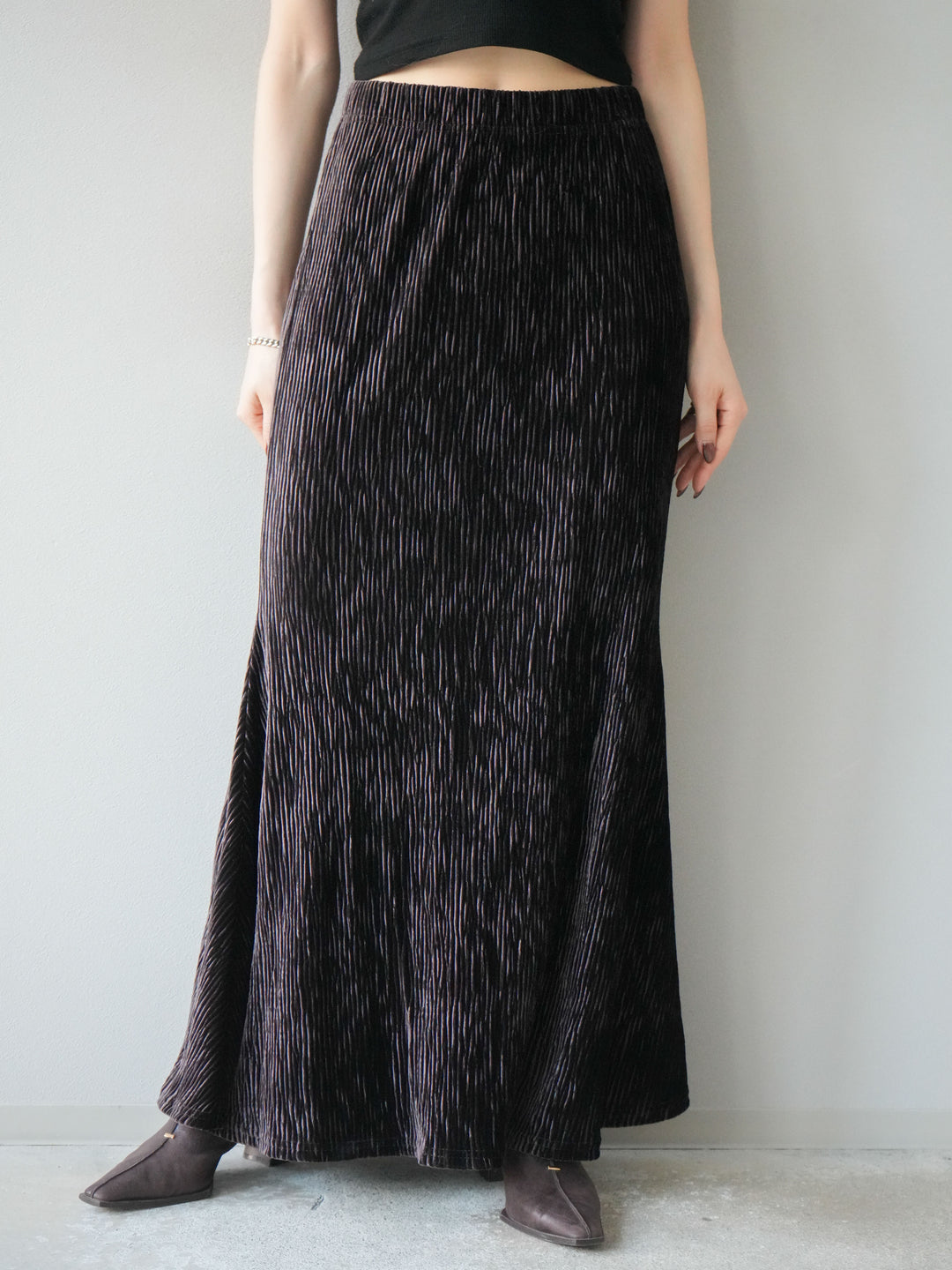 [予約]ベロアプリーツナロースカート/ブラウン