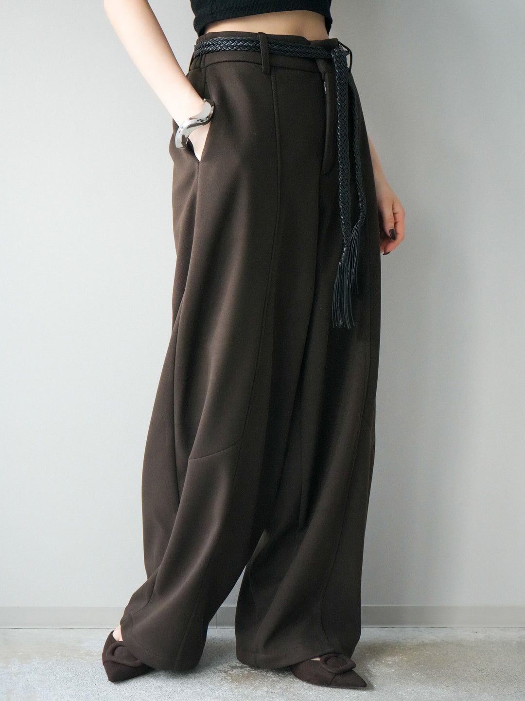 [予約]ベルト付裏起毛センターシームカーブパンツ/brown