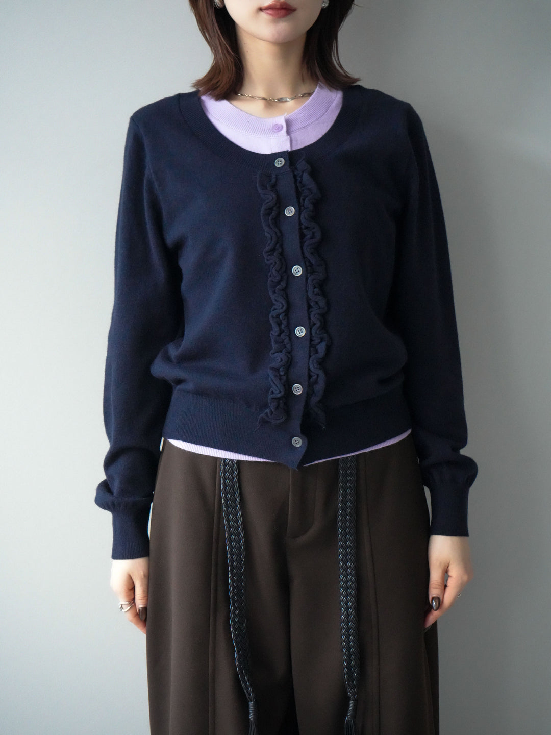 [予約]配色レイヤードフリルデザインニットカーディガン/black